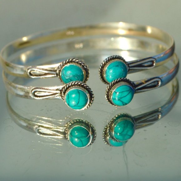 Turquoise Bracelet Silver Plated 2 Cuffs Set Boho - Picture 3 of 5